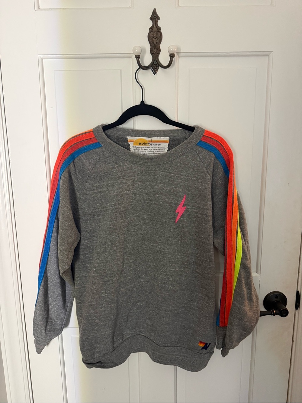 Aviator Nation Gray Lightning Sweatshirt with Rainbow Stripes